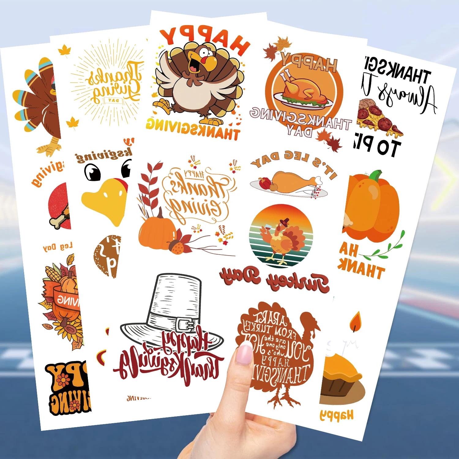 10Pcs Cute Turkey Pumpkin Temporary Waterproof Tattoos Sticker for Kids Birthday Party Favors Thanksgiving Day Party Decor