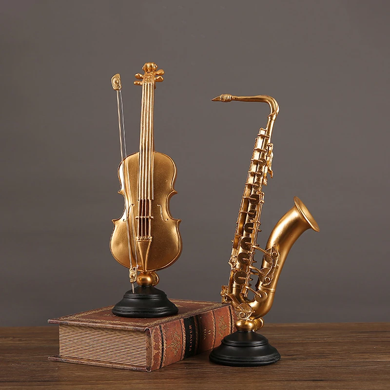 Statues Home Decoration Vintage Sculptures Decoratives Resin Nordic Home Decor Living Room Table Desktop Gold Violin Saxophone