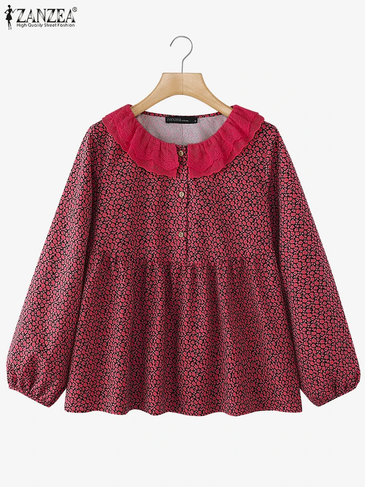 ZANZEA Autunno Moda Donna Coreana Camicetta stampata floreale 2025 Camicia con collo arricciato Vacanza Manica lunga Top Vacanza Tunica pieghettata