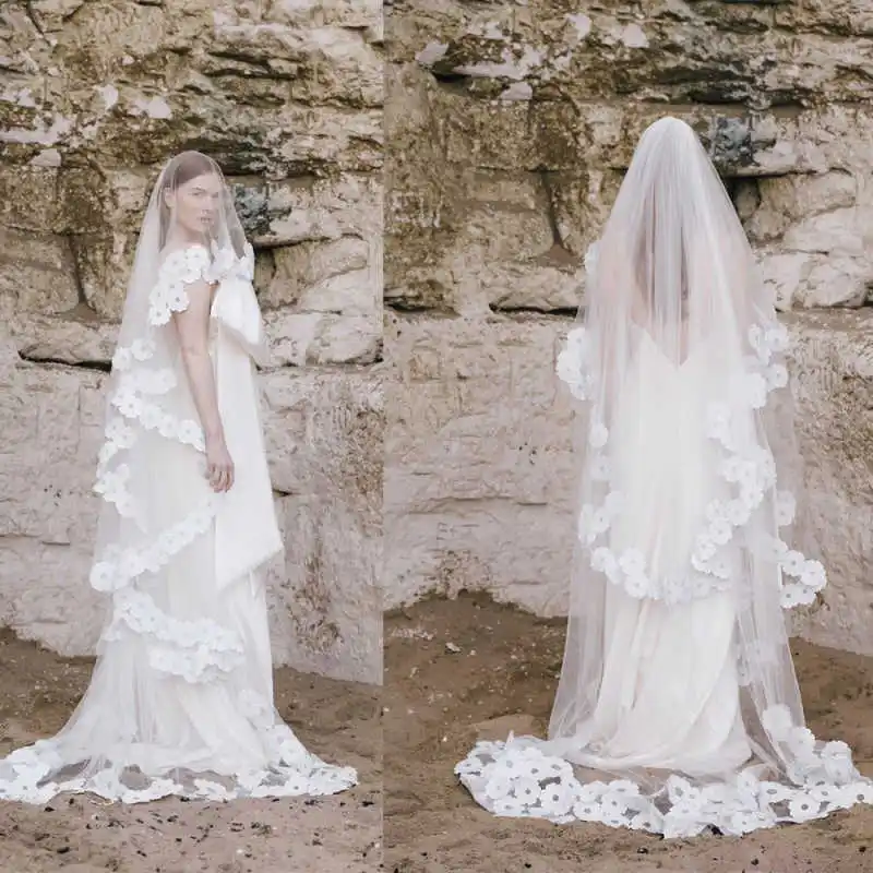 

Graceful Chapel Length Bridal Veils With Comb Appliques Edge Wedding Veils Two Tiered Wedding Accessories Customized