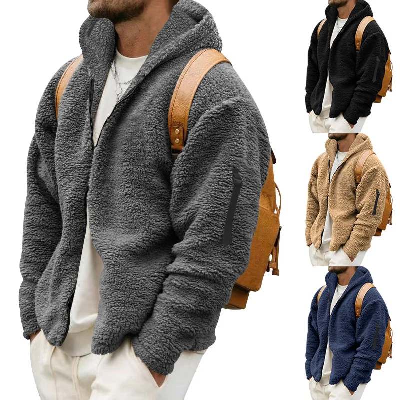 

Mens Autumn Winter Double-sided Fleece Warm Jacket Loose Hooded Casual Jacket