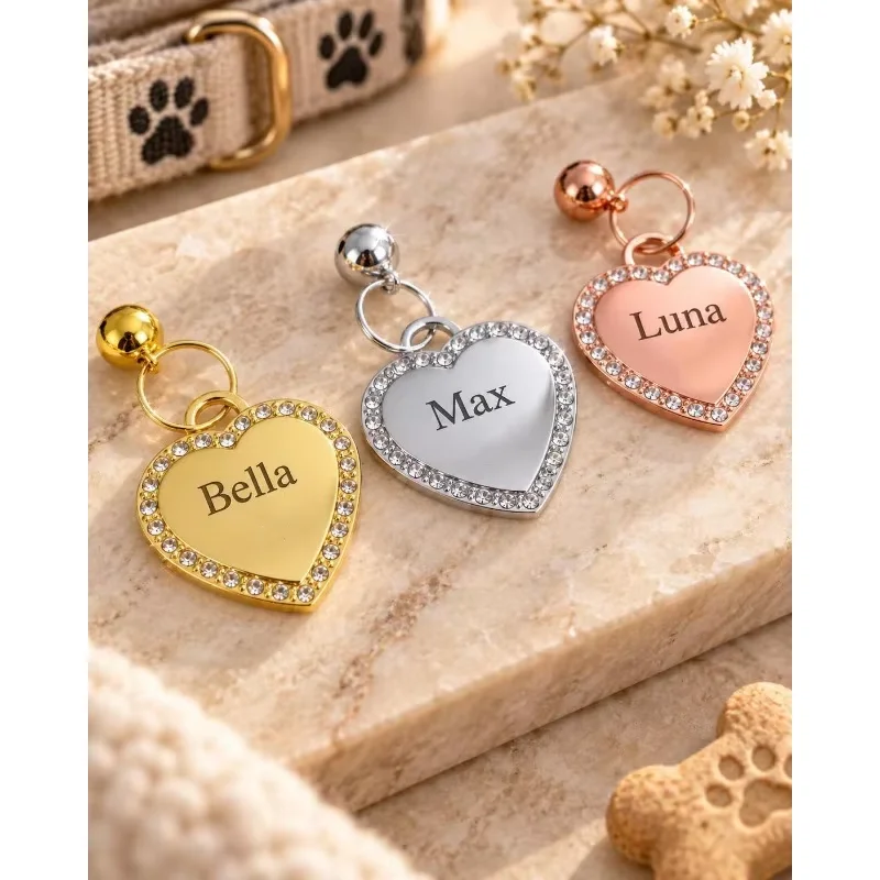 Personalisierte Strass-Hunde- und Katzen-ID-Anhänger, individuell graviertes Namensschild für Hunde, herzförmige Anti-Verlust-Haustieranhänger, Charm-Anhänger, DIY-Zubehör – Detail 5