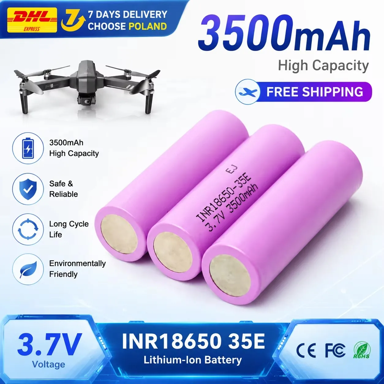 A-Level Stromversorgung INR18650 35E 18650 Akku 3,7V 3500mAh Wiederaufladbarer Lithium-Akku, 25A Entladungssicherheitszertifizierung, geeignet für die meisten digitalen Spielzeuge
