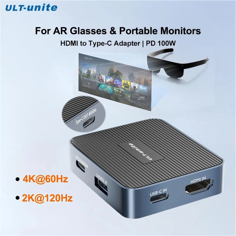 AR Glasses Adapter HDMI to USB C 4K60Hz for XREAL VITURE RayNeo Rokid,PD100W 2K120Hz Display Converter for Steam Deck Switch PS5