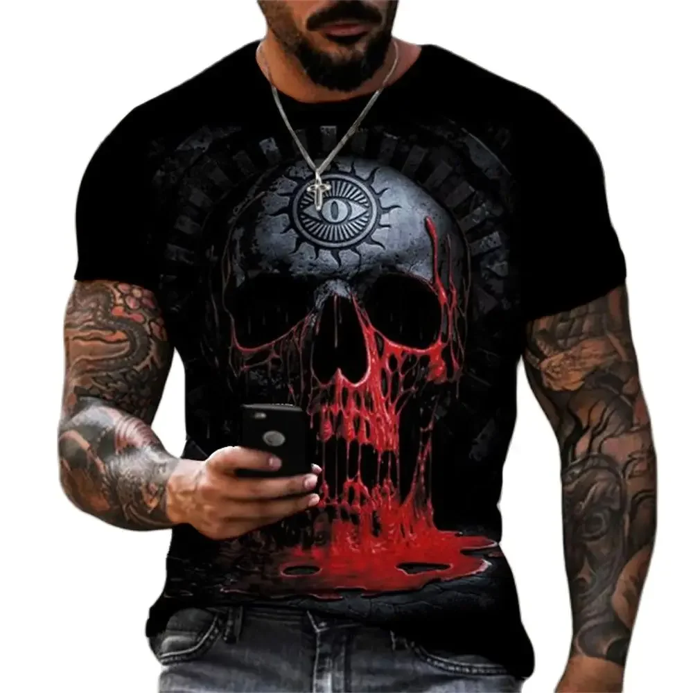 3D Print Summer Horror Skull Men's 6XL T-shirt Skeleton Street Rock Hip-Hop Top & Tee