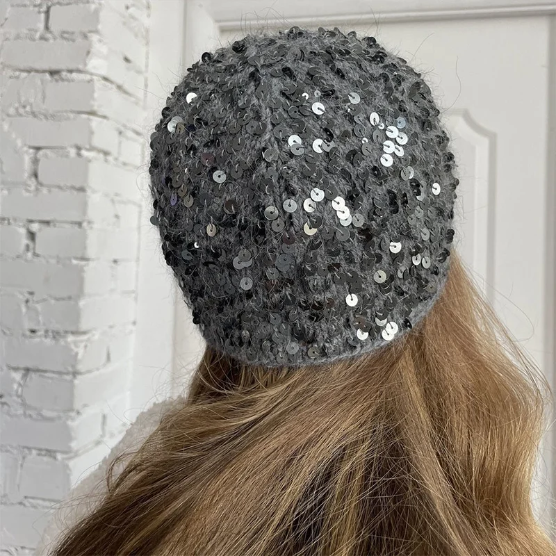 Sequins  Winter Hat Knitted Hat WomenFashion Knitted Beanie Hat Autumn Rabbit Fur Warm Casual Bonnet Cap Female Skullies