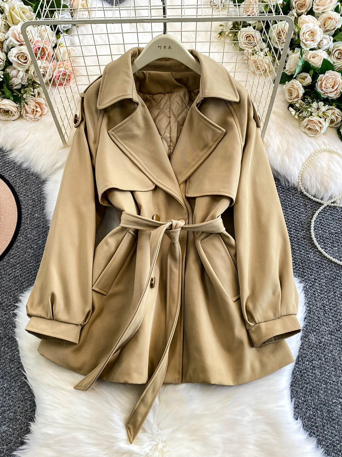 

Ele Briti Sle Women's Coat Slimming Waist Design Medium Length Suit Collar Autumn Winter Faion Outerwear