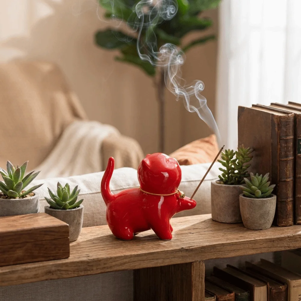 Ceramic Cat Incense Burner Holder Handmade Craft Animal Shaped Incense Stick Holder Cute Decorative Scented Candle Holder