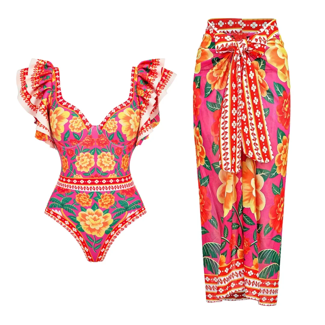 

Women's Ruffled Contrast Print Swimsuit and Sarong, Summer Swimwear, Women Beachwear, 2 Pc Bathing suit