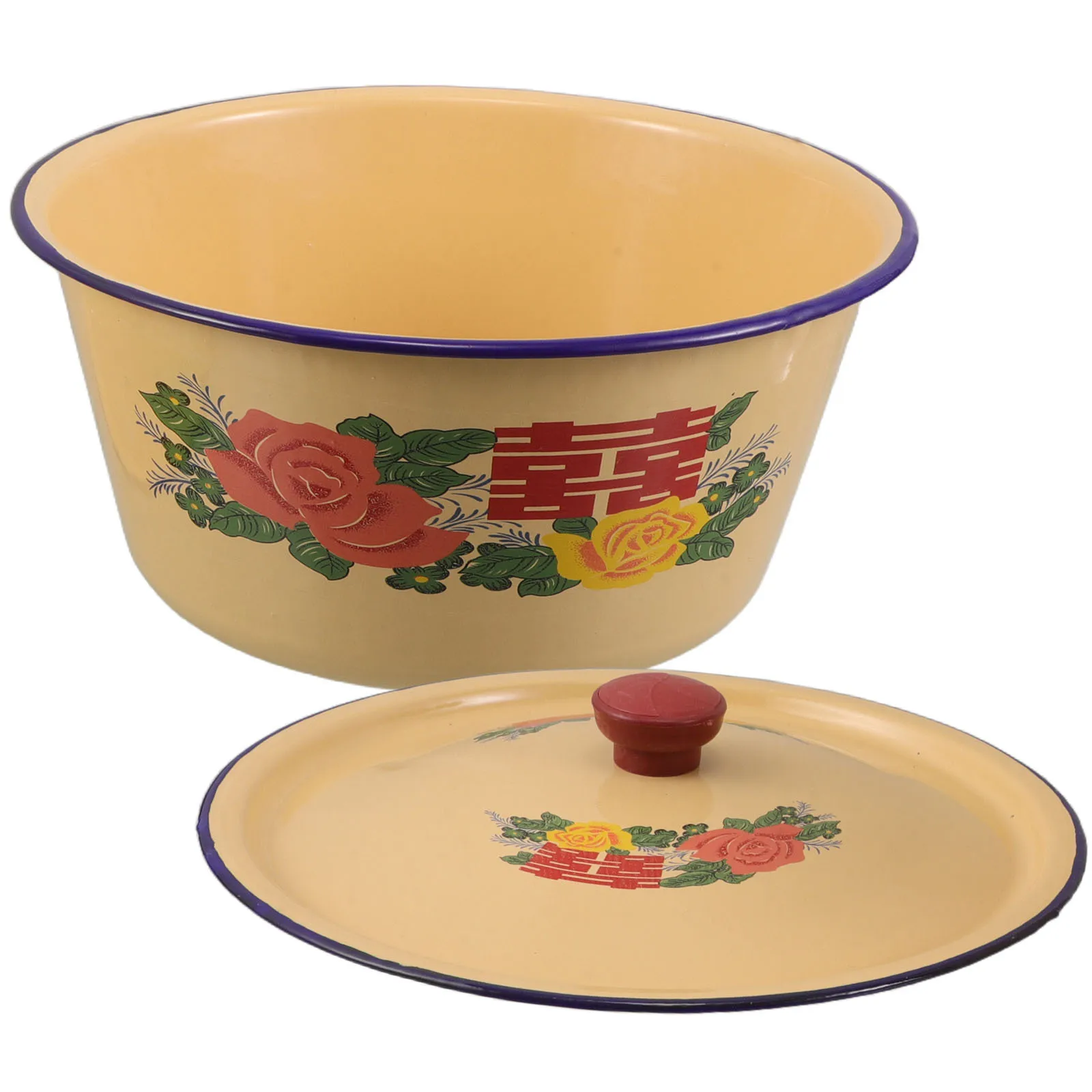 

23cm Metal Enamelware Pot Lid Yellow Vintage Kitchen Bowl Soup Noodles Salad Mixing Washing Home Camping Soup Bowls