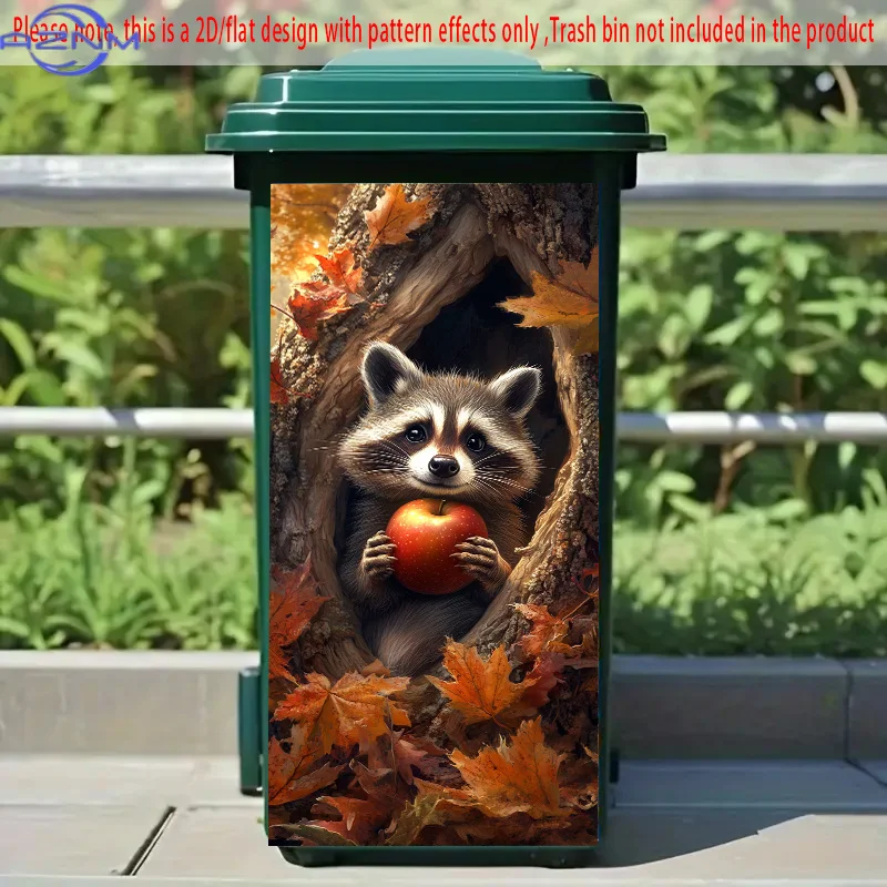 1pc of 2D/Flat, Self-Adhesive Stickers for Trash Bins, Measuring . Features a Raccoon Peering from a Tree Hollow, Clutching a