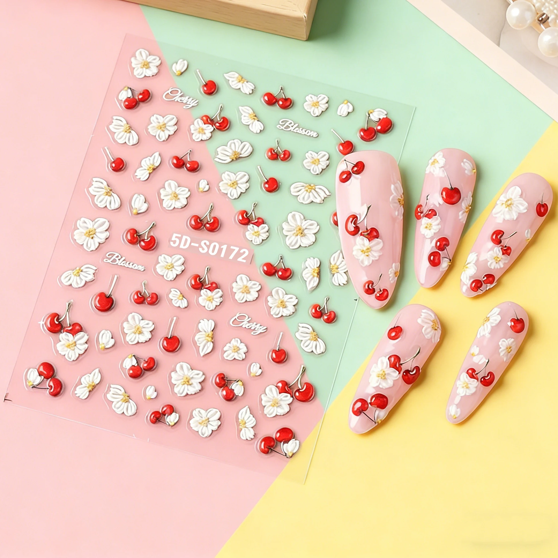 

1/2 шт. 5D объемные летние наклейки для ногтей с вишнями и ромашками, изысканные самоклеящиеся белые цветы и фрукты, декор для маникюра