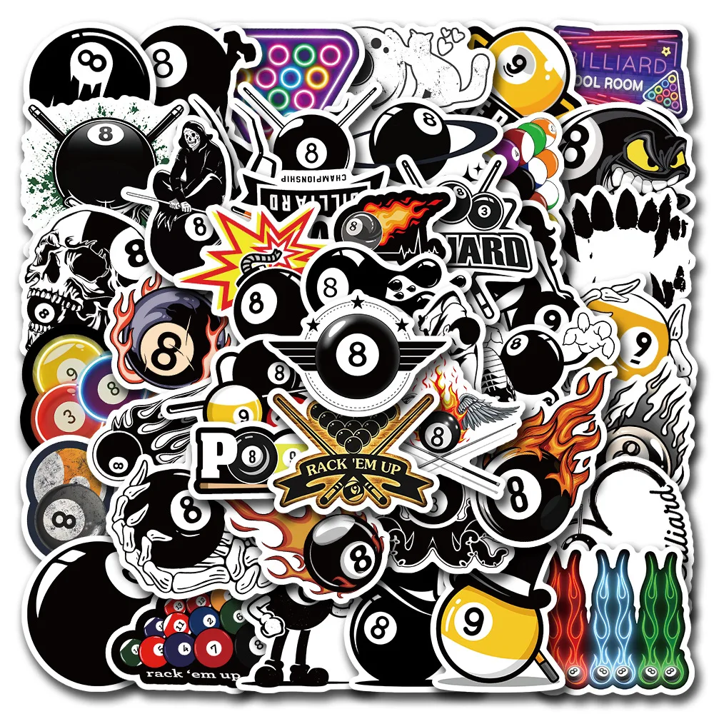 50 Stück Billard-Cartoon-Billard, schwarz, 8 Aufkleber, DIY-Spielzeug, Geschenk, Graffiti-Aufkleber für Handy, Gepäck, Laptop, Sammelalbum, wasserdicht