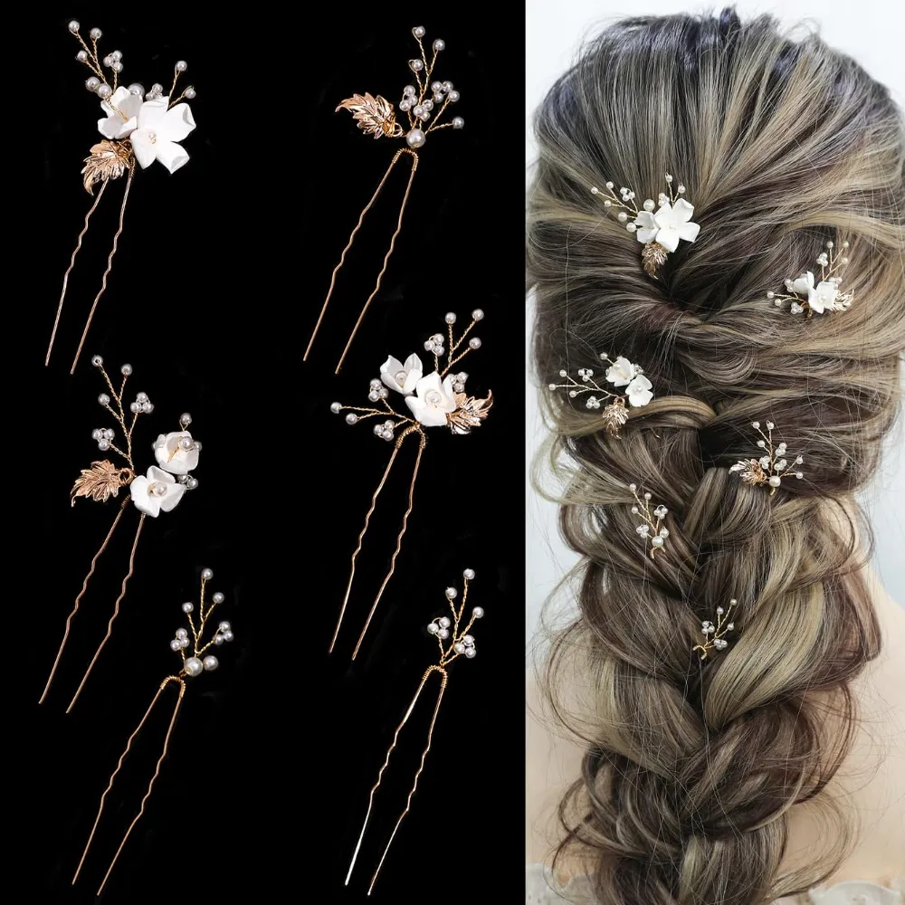 

Handmade Pearl Bridal Wedding Hair Pins 6Pcs White Flower Gold Leaf Pearls Clips Bridal Hair Accessories for Women Brides