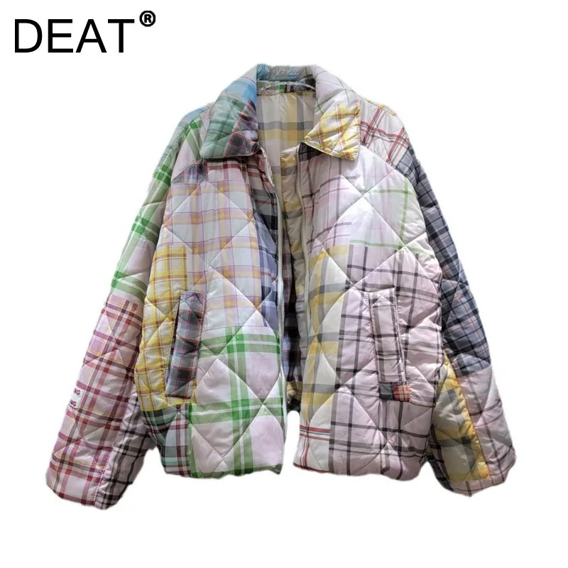 DEAT Płaszcz damski Patchwork Plaid Contrast Color Printed Cotton-padded Grube kurtki casual 2024 Winter New Fashion 29L9075