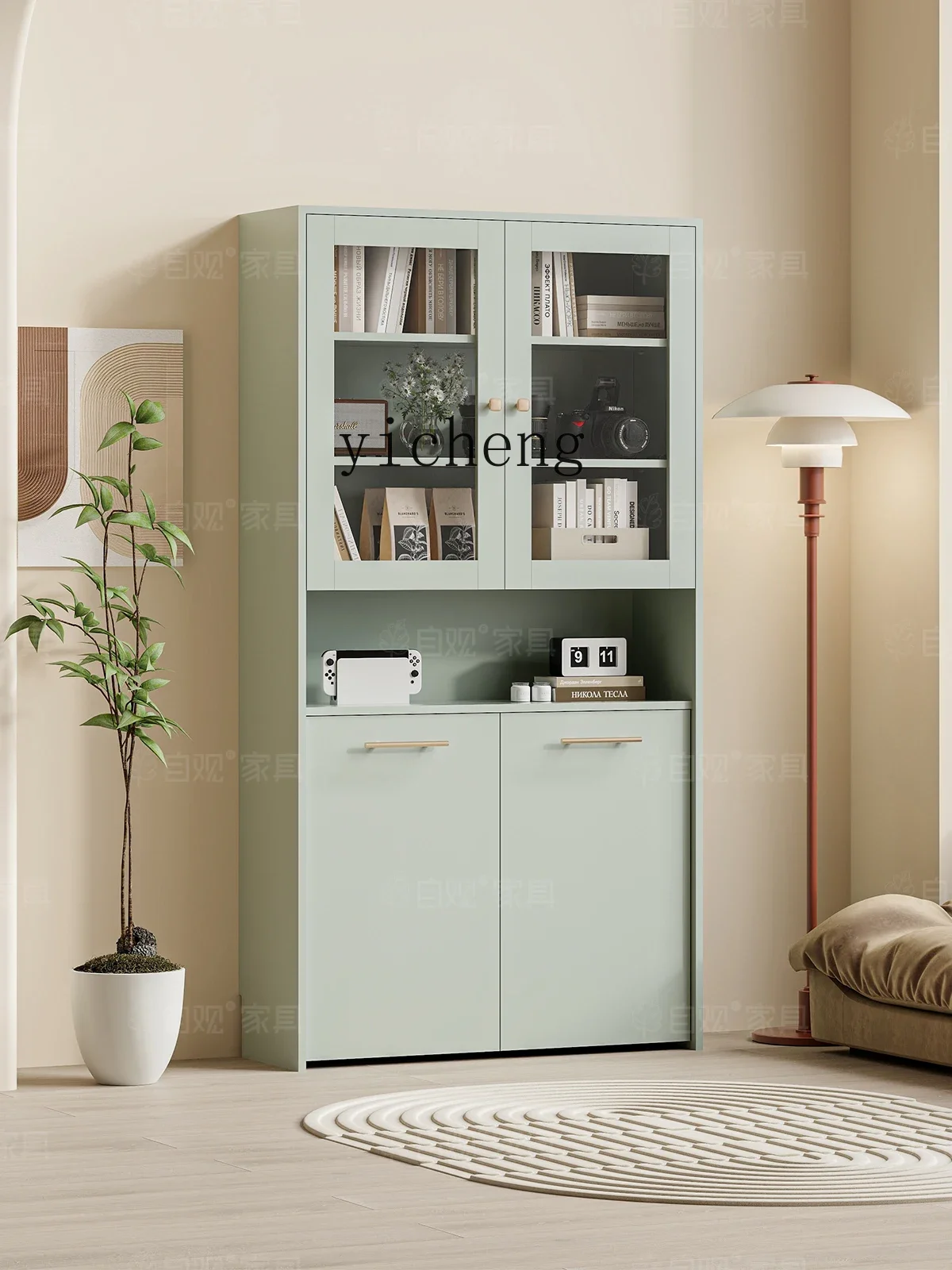 ZZf Green Combined Bookcase Double Door Glass Multi-Function Storage Cabinet with Cart