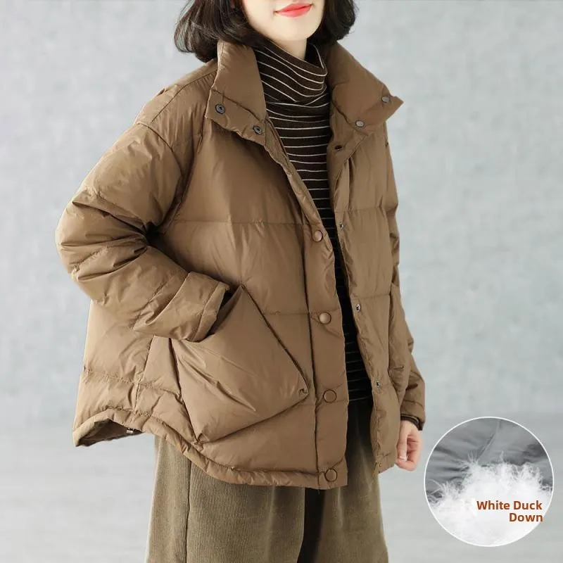 

Свободная женская пуховая куртка: теплая, повседневная, стройнящая, универсальная, больших размеров, белая, с наполнителем из пуха, верхняя одежда, прямая поставка S