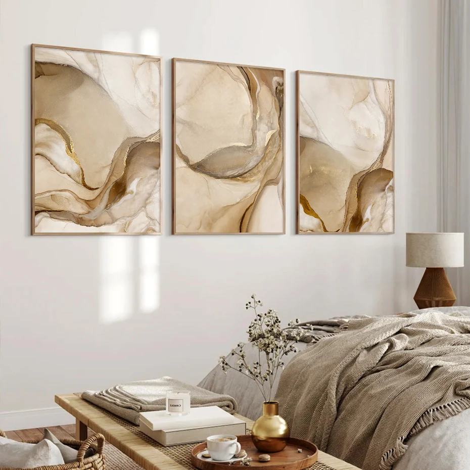 

Abstract Flowing Marble Canvas Wall Art Gold Brown Beige Triptych Painting Modern Home Decor Posters for Living Room or Office