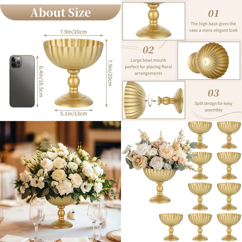 

Set of 10 Gold 7.9 Metal Vases for Wedding Centerpieces, Party Table Decorations, and Floral Arrangements
