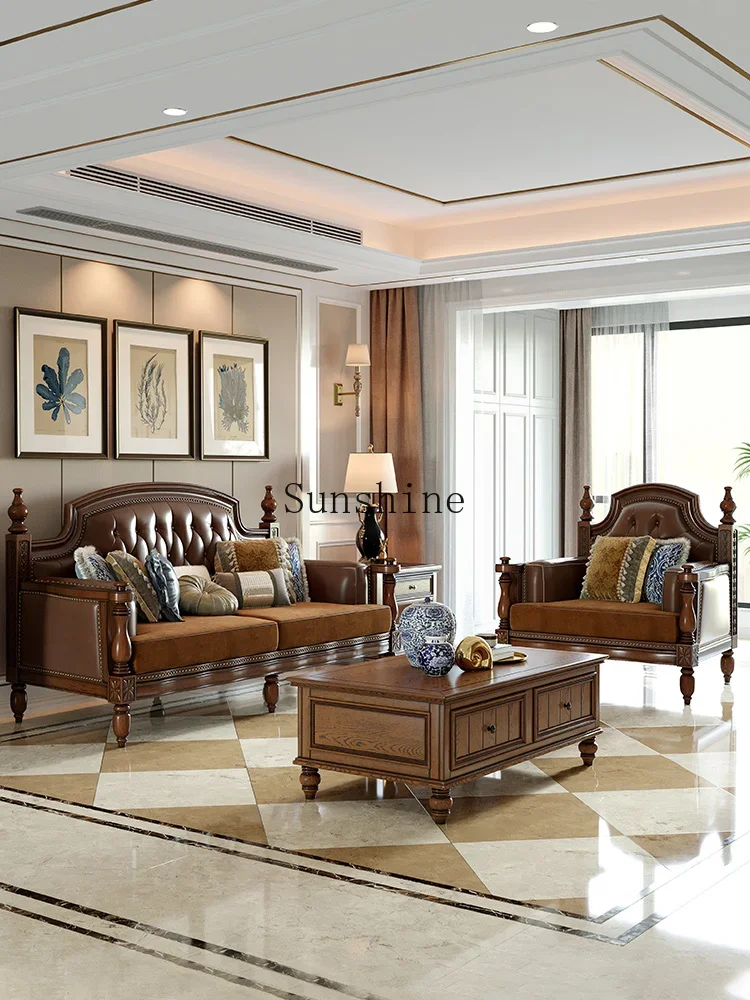 American light luxury solid wood leather small apartment retro style simple three-person sofa  FT