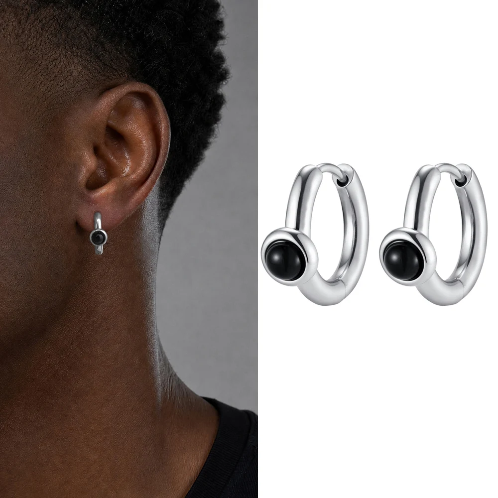 Vnox Men Stainless Steel Hoop Earrings, Natural Black Onyx Stone Huggie Earring for Pierced Ears, Punk Daily Wear Jewelry Gift