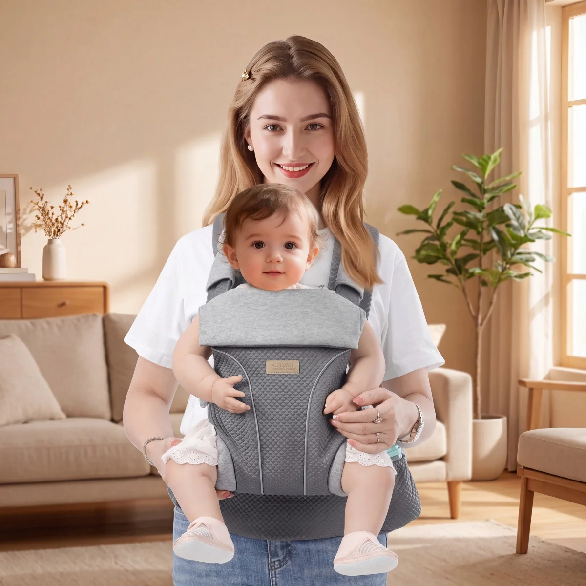 Quilted Fabric Baby Carrier with Hip‑Seat, Soft Skin‑Friendly Infant Sling, Adjustable Padded Multi‑Position Hands‑Free Baby Hol
