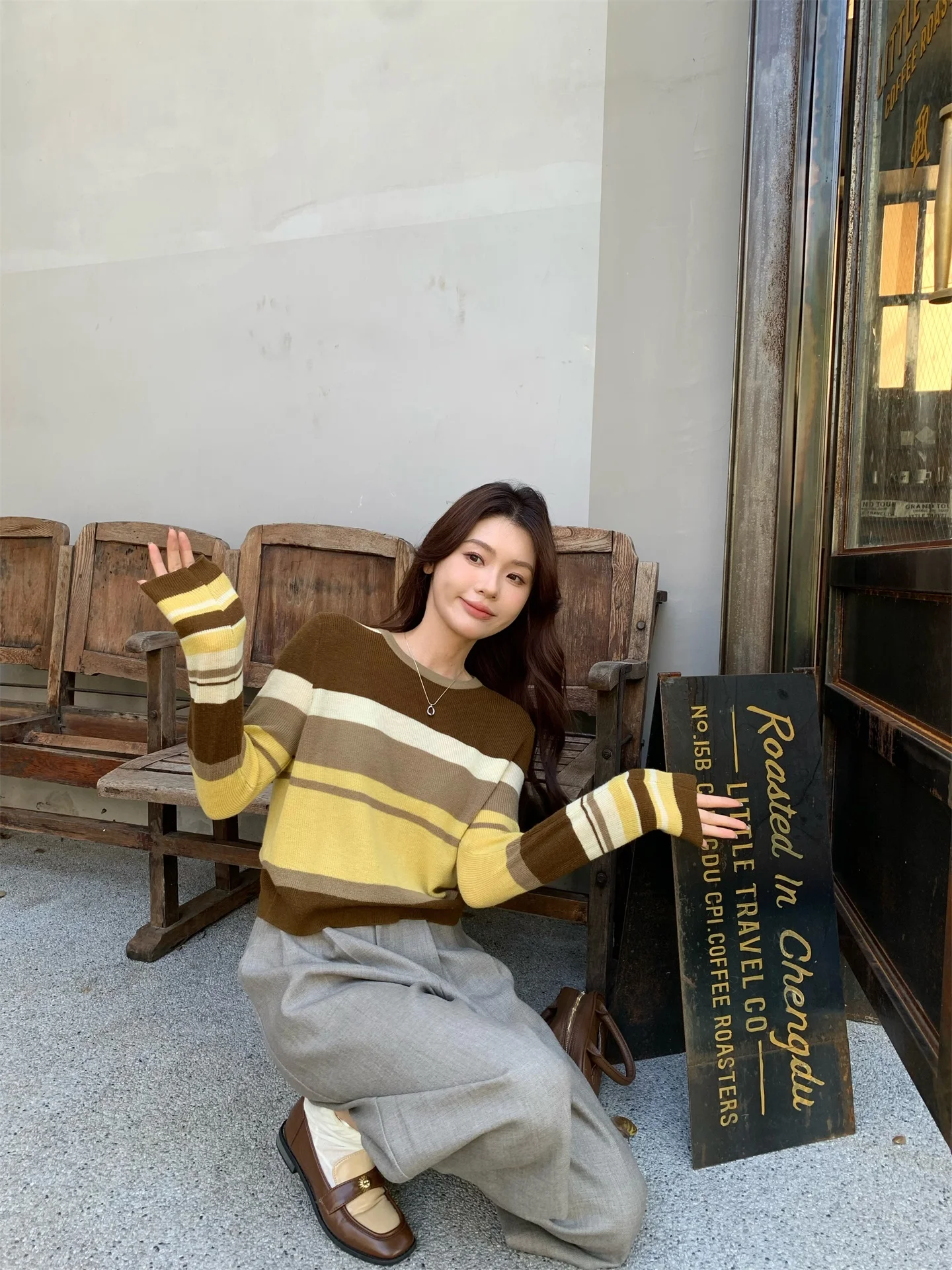 

Желтый полосатый вязаный свитер с круглым вырезом и длинными рукавами, женский топ, простой базовый слой, свободный крой, теплый, для повседневной носки