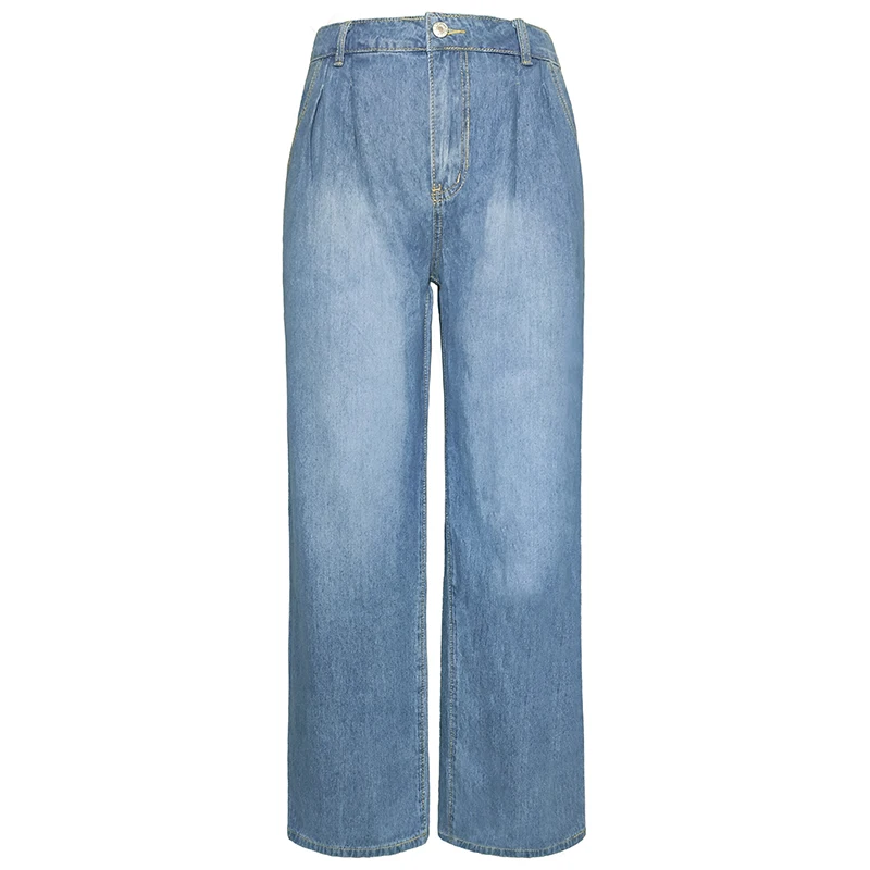 Women Vintage Washed High Waist Wide Leg Jeans, Loose Draping Floor-Length Denim Pants, Retro Blue Casual Trousers, Ladies