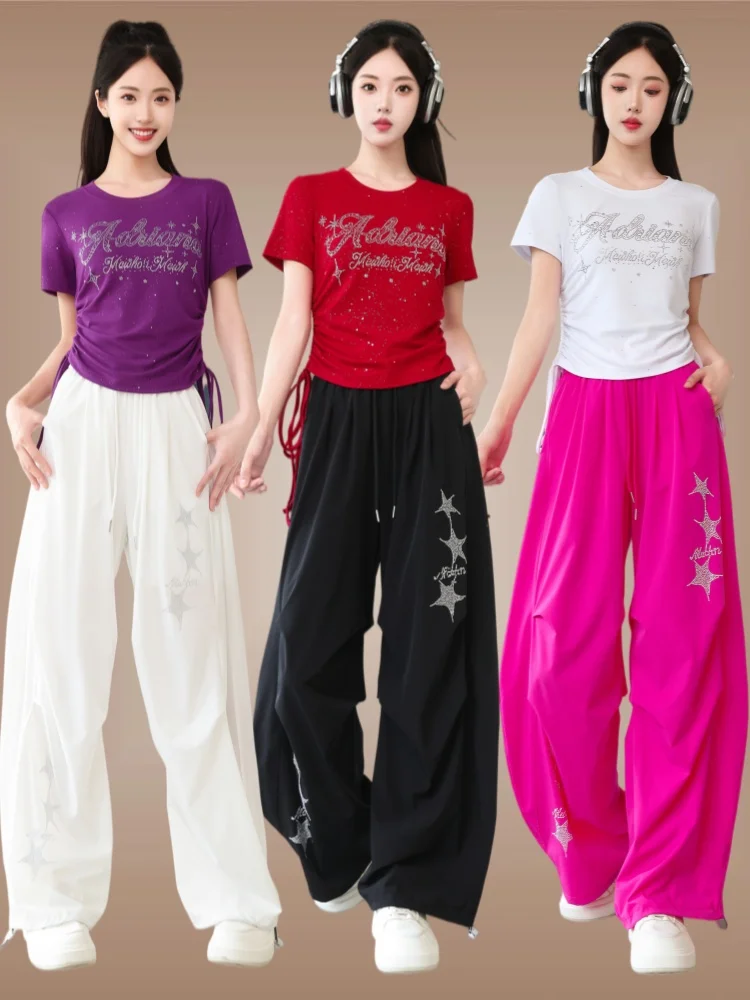 yang-li-new-square-dance-fitness-gymnastics-sportswear-set-women's-short-sleeve-high-waist-elastic-waist-pants-cotton-po