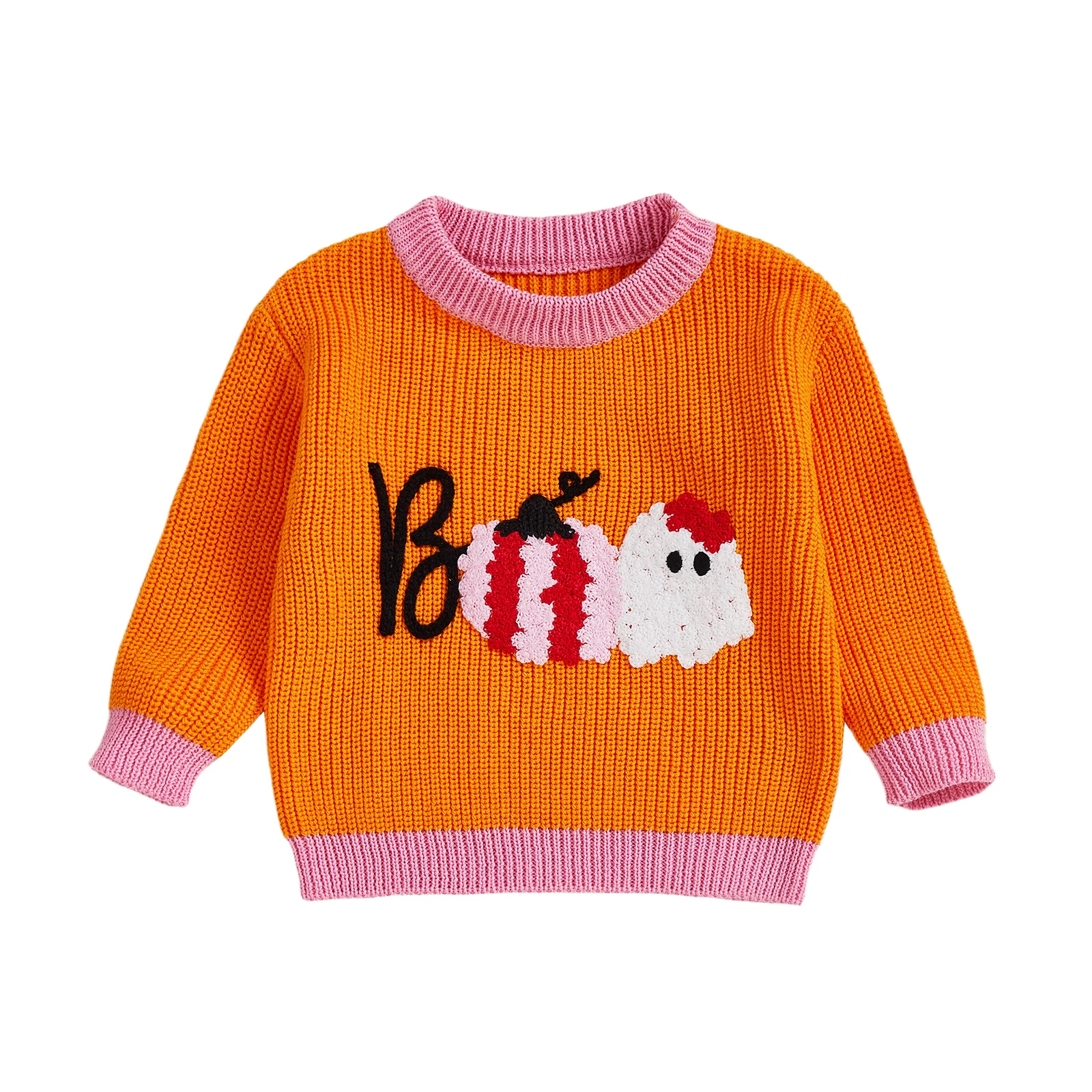 

Toddler Girls Knit Sweater Fall Cute Halloween Ghost Pattern Crew Neck Pullover Long Sleeve Tops