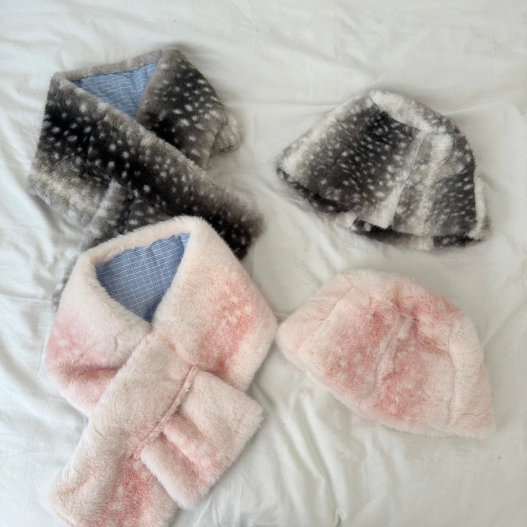 Plush Deer Spot Hat Scarf Set Women Winter Faux Fur Warm Bucket Soft Fluffy Neck Scarf Russian Cold Weather Outdoor Windproof
