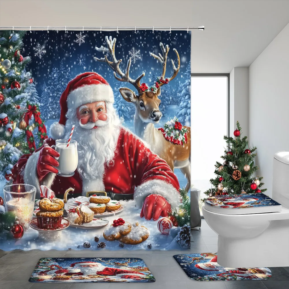 Christmas Shower Curtain and Rug Bathroom 4 Piece Set Santa Claus Snowman Christmas Gift Printed Shower Curtains Bath Mat Set