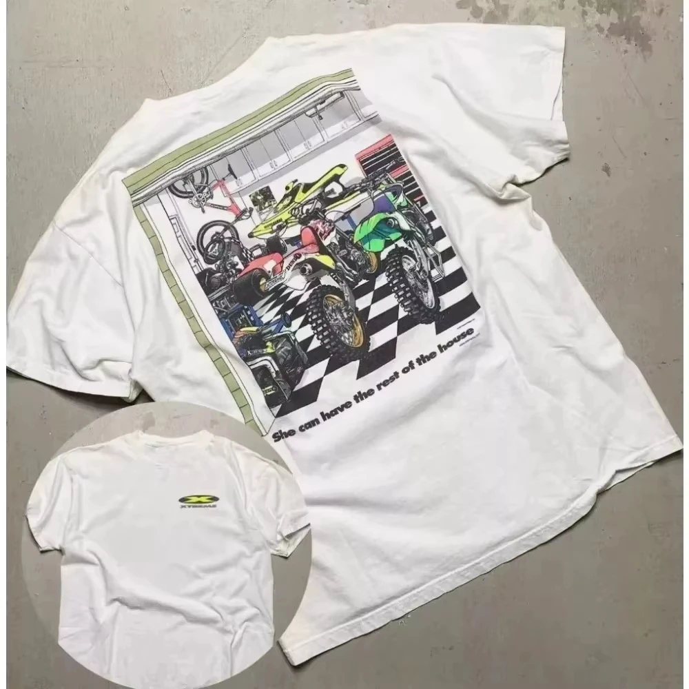 2025 صيف جديد خمر 1997 إكستريم سباق على الطرق الوعرة دراجة نارية القطن تي شيرت مطبوع أسود عادية طاقم طوق القطن تي شيرت