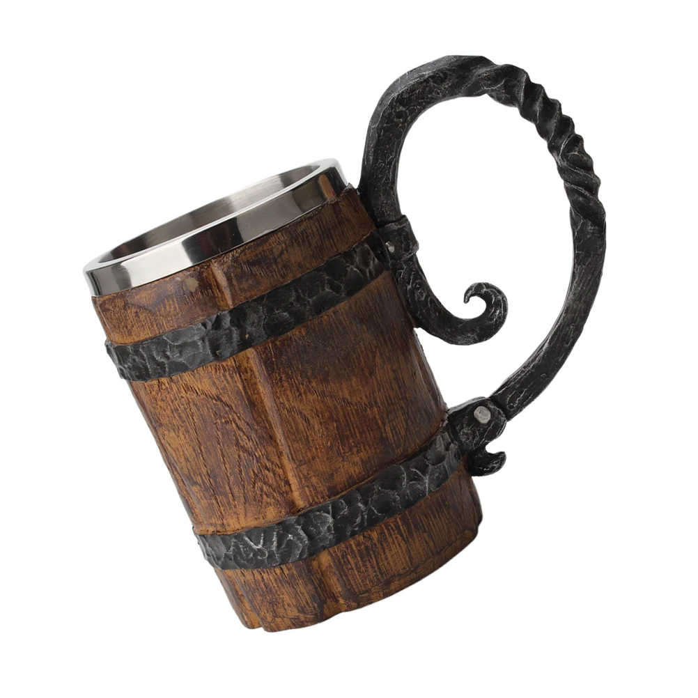 

Creative 3D Original Wood Design Cold Cast Resin Vintage Barrel Shaped Beer Mug Stainless Steel Insert Decorative Coffee
