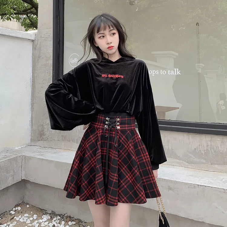 Subculture Y2K Girl HotSweet Red Plaid Skirts Japanese Preppy Style Lace-up Bow High Waist Pleated Goth Mini Skirt Women Summer