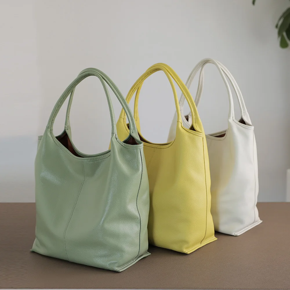 

2026 Top-grain Cowhide Style Lightweight Hand-held Shoulder Genuine Leather Garbage Shopping Bag Tote
