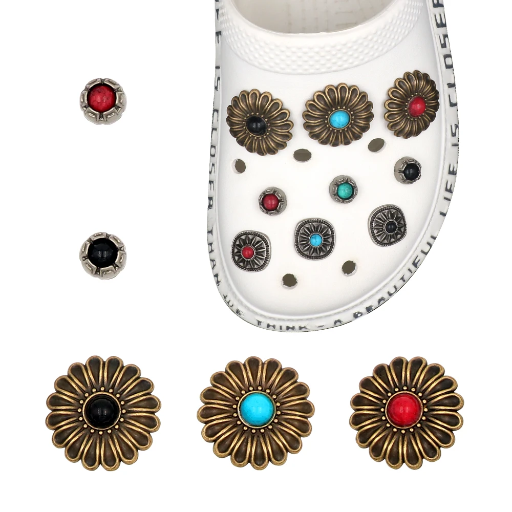 1 Set 14 Pcs Shoe Halloween Accessories Charm Pines Simulated Turquoise Round Metal Detachable Hole Sandals Decorations Gift