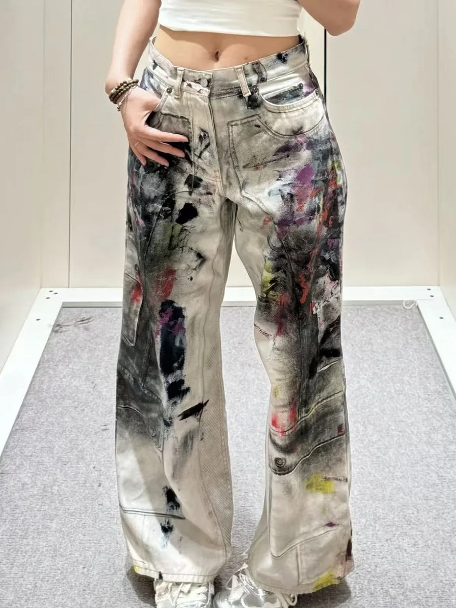 

traf 2025 women's summer jeans 3D printing loose high street high waist ladies wide leg pants y2k New high quality trousers bra
