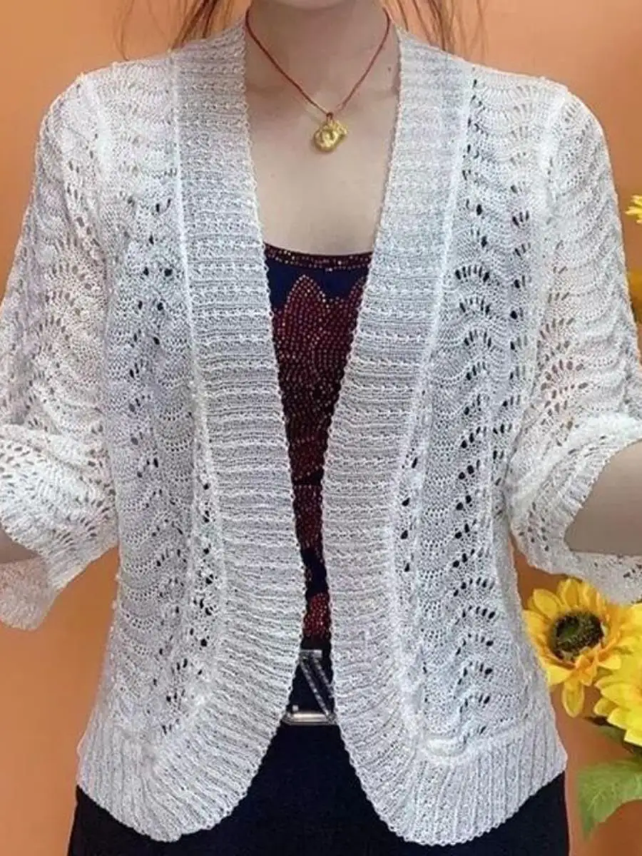 Kardigan z dzianiny lodowego jedwabiu dla kobiet w średnim wieku, rękaw 3/4, zdobiony, jednolity kolor, ażurowy...