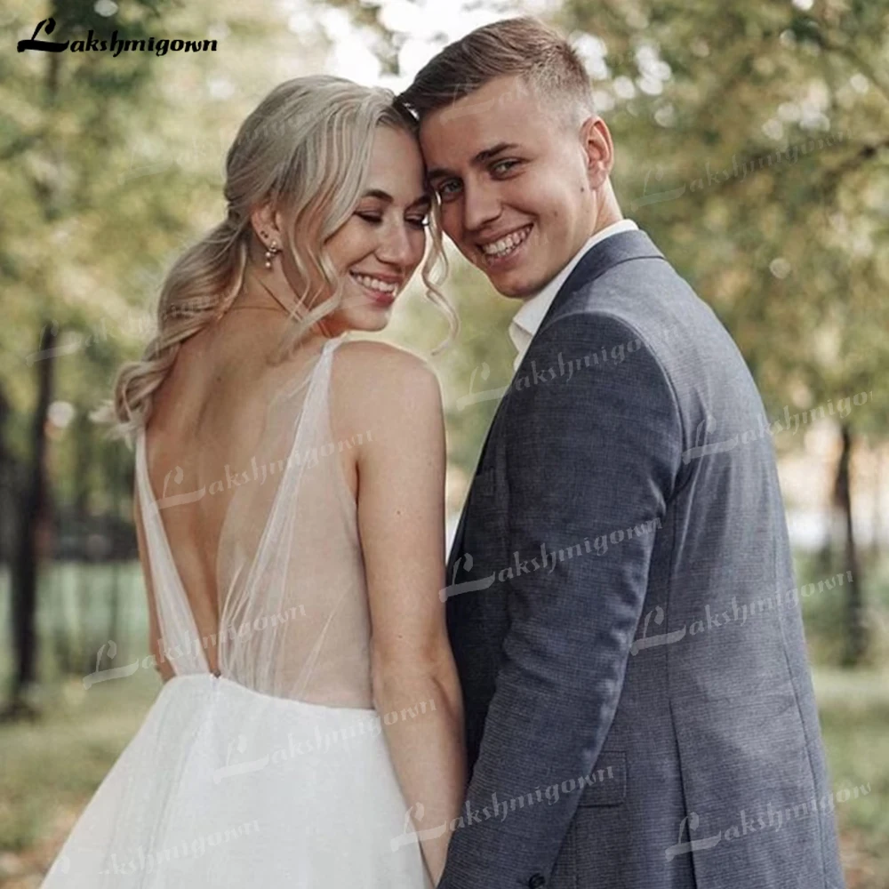 Lakshmigown Nach Maß Weiß Hochzeit Kleider Für Frauen V-ausschnitt Open Back Einfache Böhmische Tull Brautkleider Mit Straps Vestidos