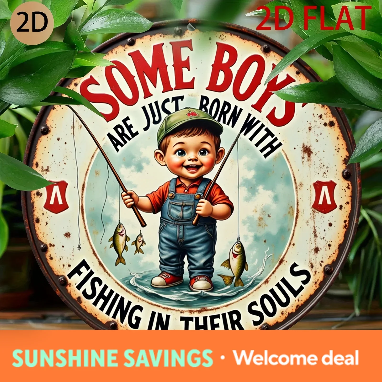 Vintage Some Boys Are Just Born With Fishing In Their Souls Round Tin Sign, Retro Distressed Little Boy Fishing Metal Wall Ar
