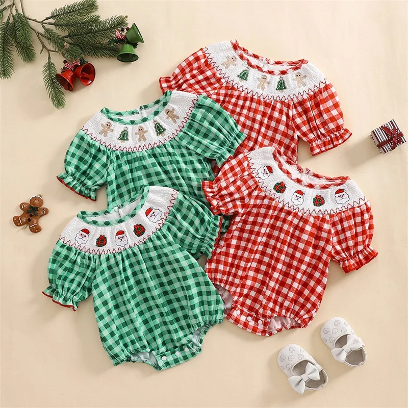 Baby Girls Christmas Romper, Short Sleeve Crew Neck Embroidery Plaid Infant Bodysuit Summer Clothes