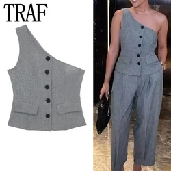 TRAF Asymmetric Waistcoat Women Cropped Sleeveless Jacket Woman Fashion Button Women's Suit Vest Streetwear Short Autumn Jacket