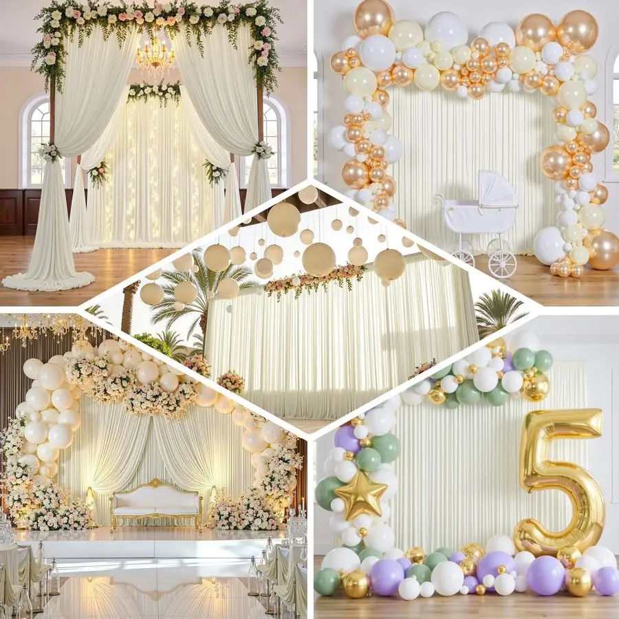 Ivory Backdrop Curtain for Wedding Parties, 4 Panels Wrinkle Free Polyester Photo Backdrop Drapes Back Drop Cloth for Birthday P