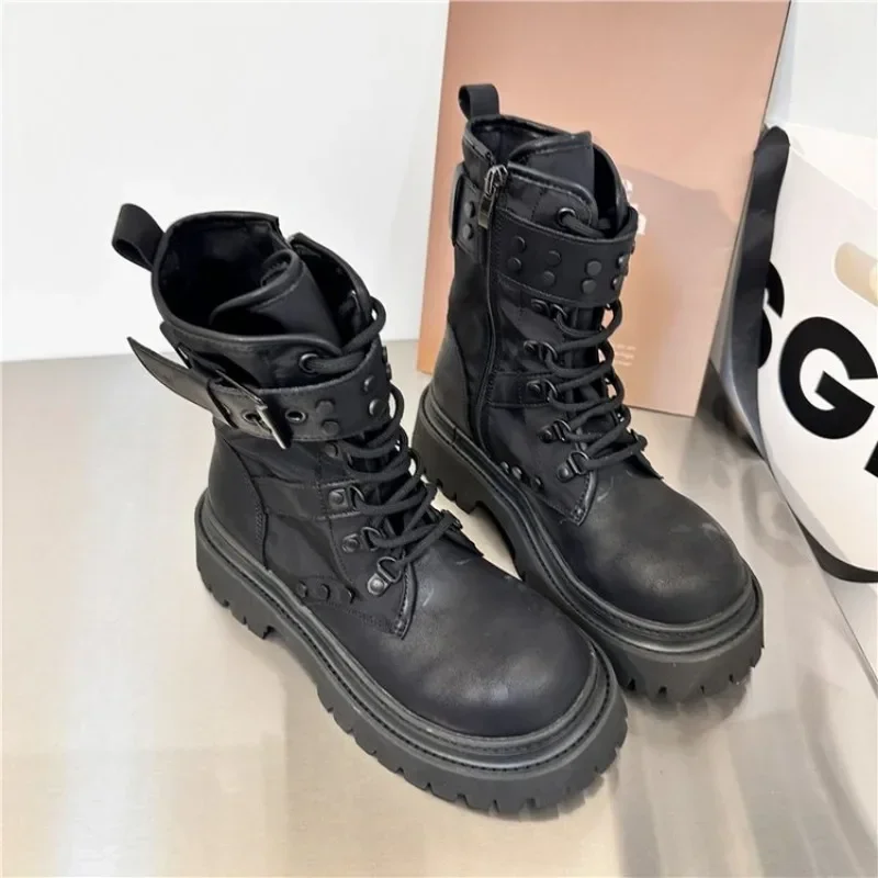 2024 Belt Buckle Platform Combat Boots Women Chunky Heels Lace Up Ankle Boots Woman Side Zipper PU Leather Short Booties