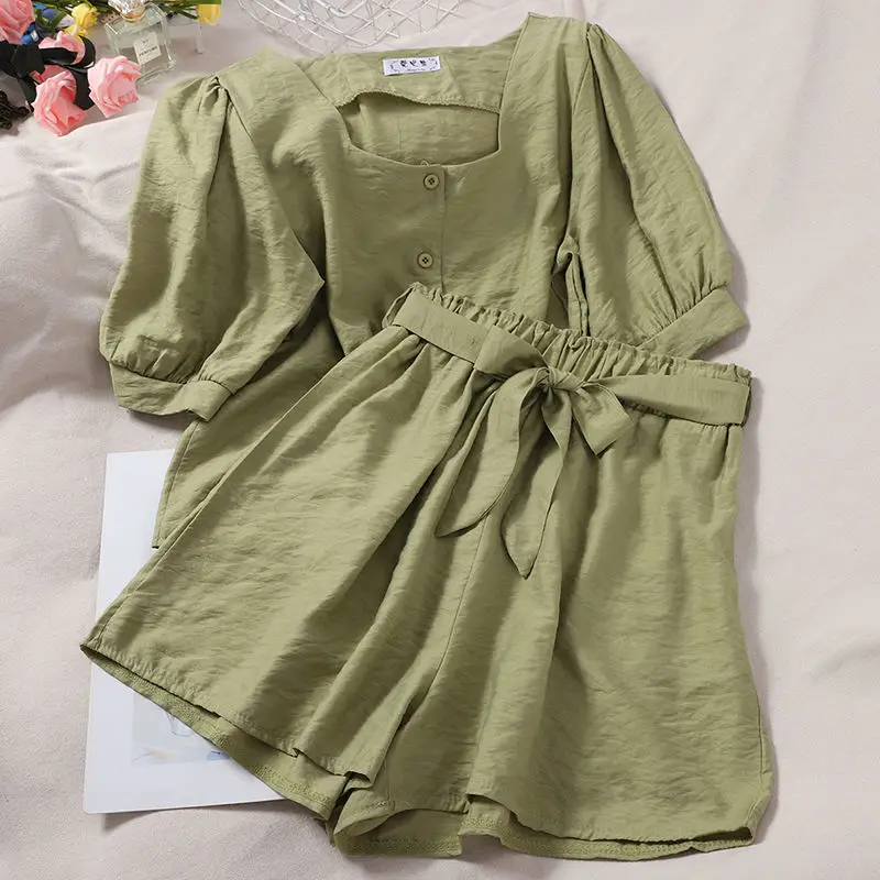 Novedad de verano, top de manga corta con cuello cuadrado y manga de burbuja para mujer + pantalones cortos elásticos de cintura alta y pierna ancha, conjunto de dos piezas
