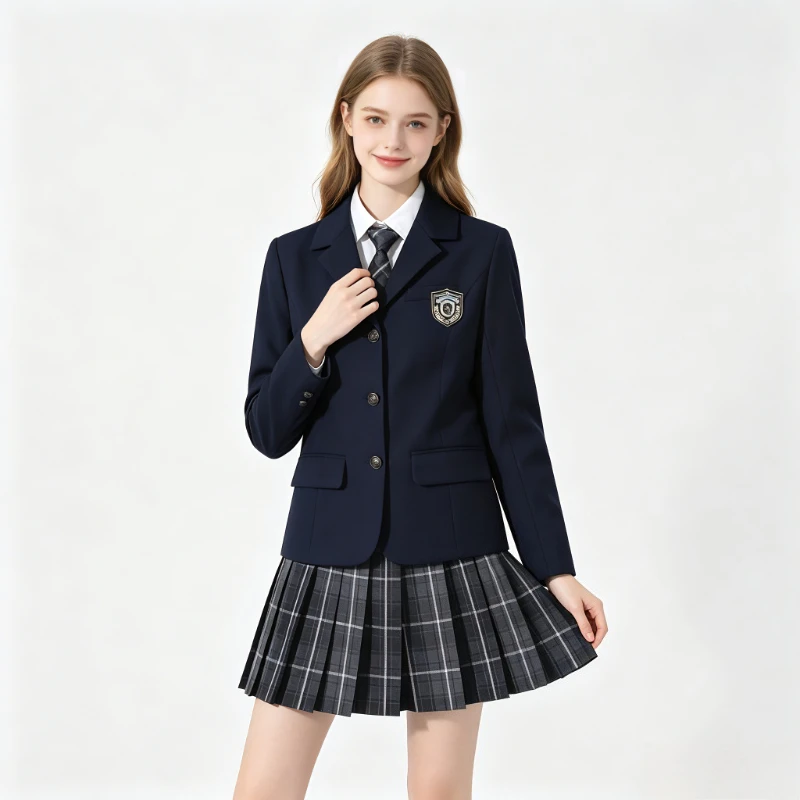 Women Japanese JK Uniform Suit, Preppy Blazer Jacket Plaid Pleated Skirt Set, School Uniforms for Adult Girls Autumn Winter Wear