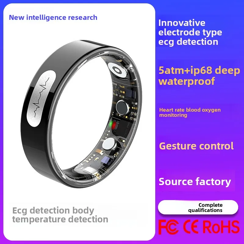 Nuovo anello intelligente per assistenza sanitaria remota ECG Elettrocardiogramma Monitor Frequenza cardiaca Ossigeno nel sangue Temperatura corporea Compatibile con Android