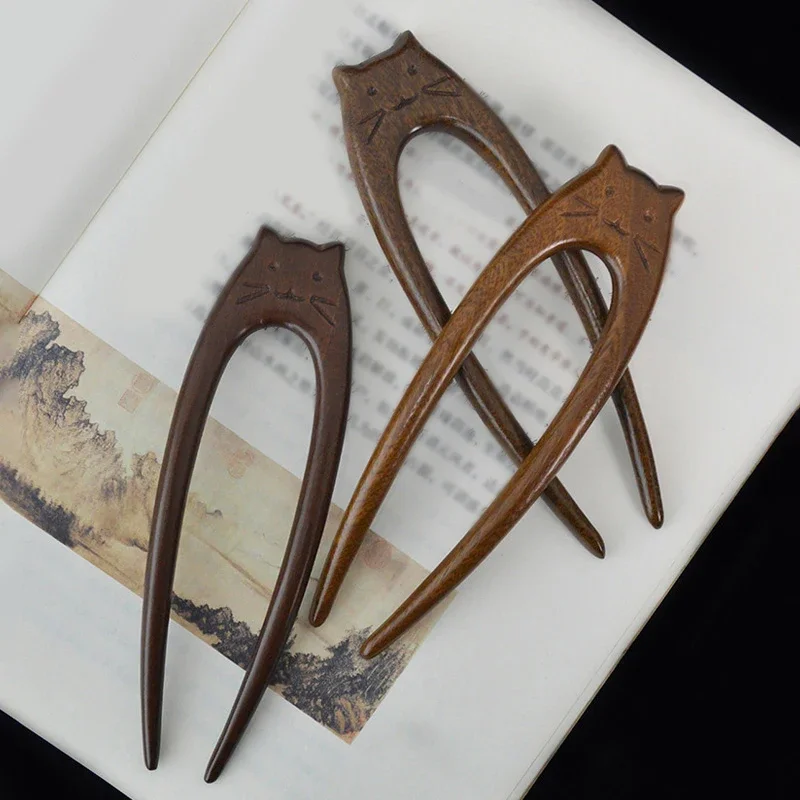 Wooden U Shaped Hair Forks for Women Girls Hanfu Hairpin Hair Accessories Chinese Cat Pattern Hair Sticks