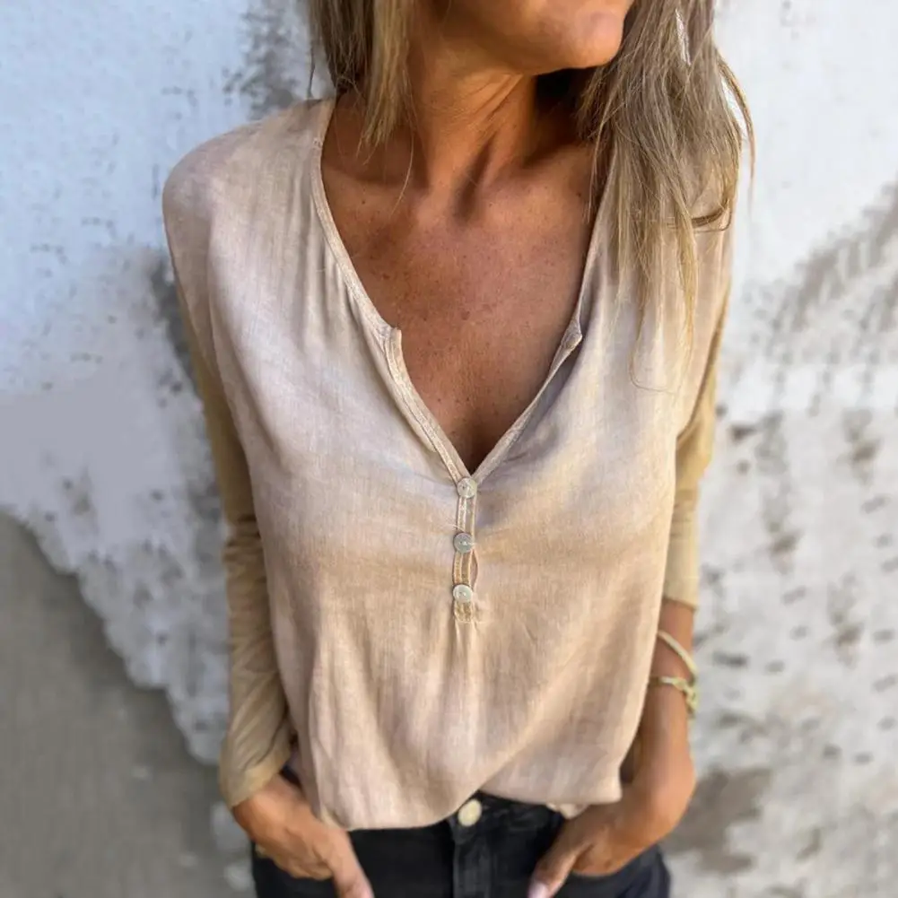 Women Blouse V-Neck Buttons Half Placket Long Sleeve Loose Fit Tee Shirt Solid Color Stretchy Casual Tops Female Clothing